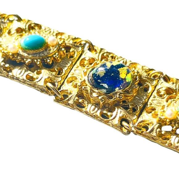 Vintage Goldtone Confetti Lucite Cabochon Panel Bracelet - Picture 5 of 16